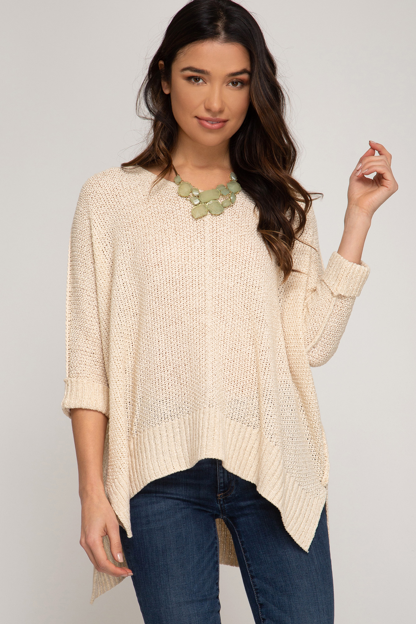 3/4 SLEEVE HI LOW SWEATER WITH FOLDED CUFFS – Des-Beaux